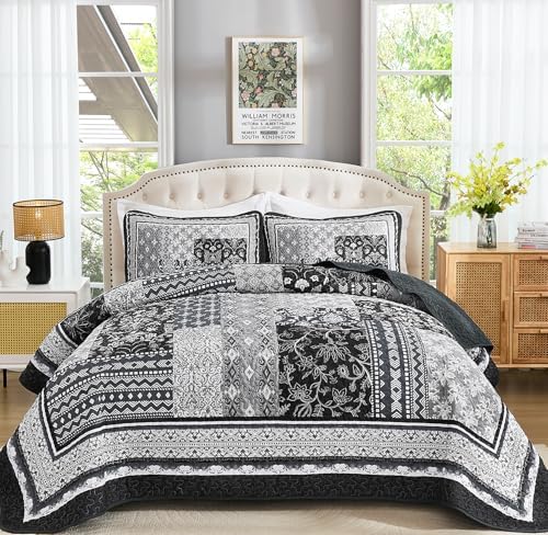 Bohemian Patchwork Coverlet - Black Grey