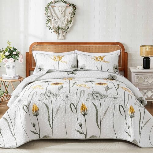 Boho Floral Quilt - Grey Yellow