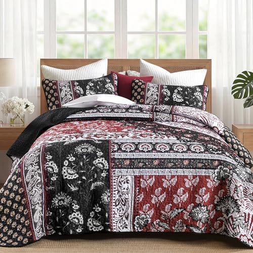 Boho Patchwork Quilt - Black Red