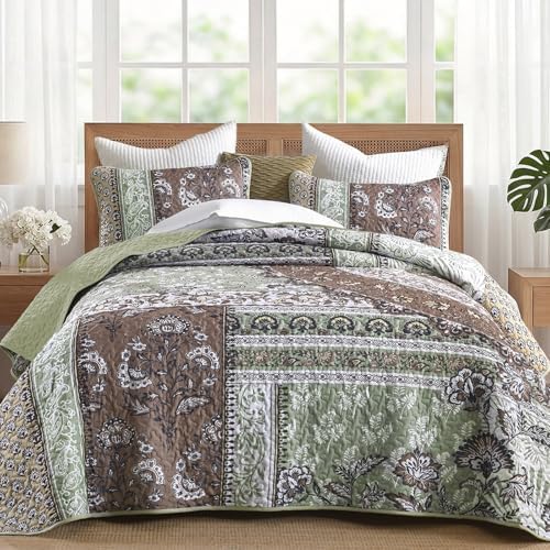 Boho Patchwork Quilt - Brown Green