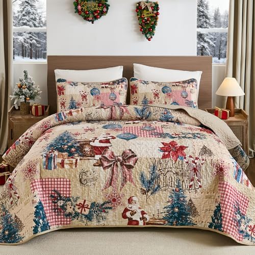 Christmas Patchwork Quilt - Beige Blue