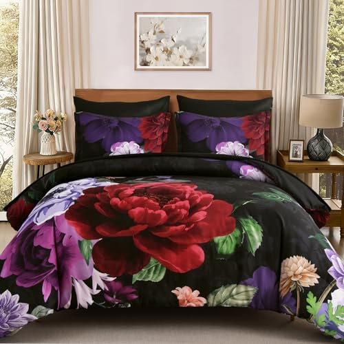 Floral 7-Piece Comforter Set - Black Red