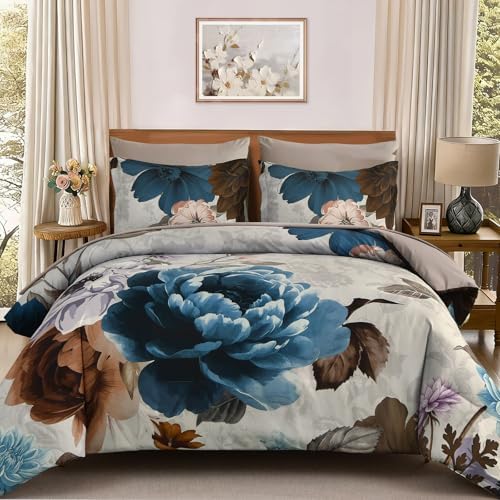 Floral 7-Piece Comforter Set - Grey Blue