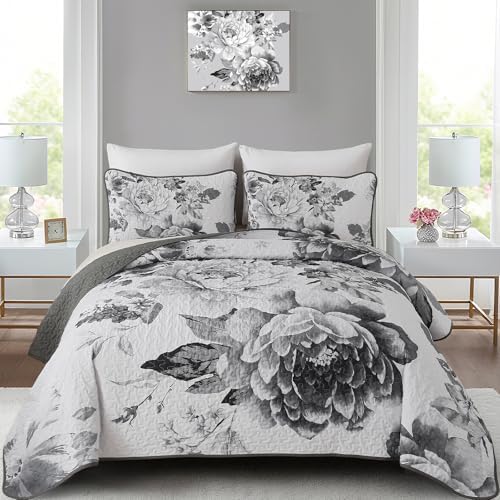 Floral Bedspread Set - Grey White