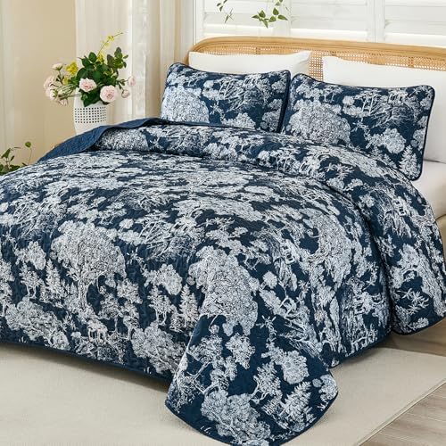 Floral Plants Quilt Set - Dark Blue