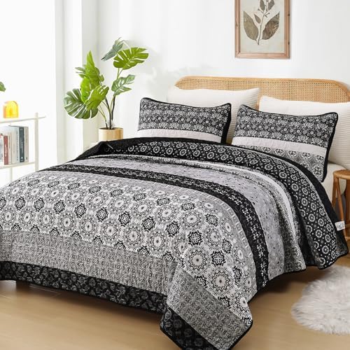 Floral Stripe Quilt Set - Black Grey