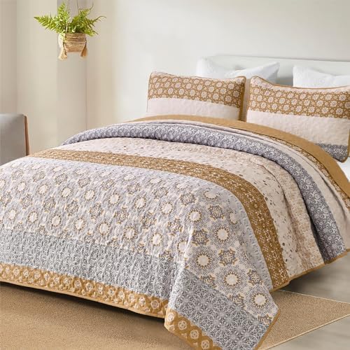 Floral Stripe Quilt Set - Brown