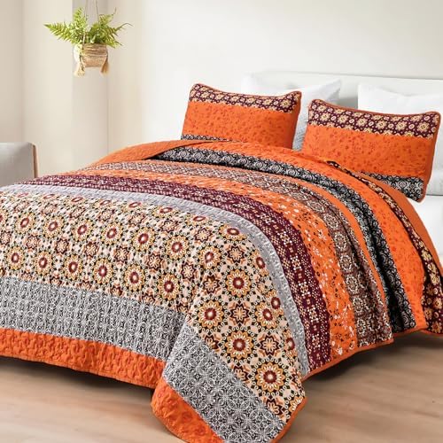 Floral Stripe Quilt Set - Burnt Orange