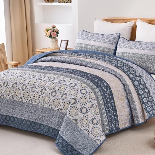 Floral Stripe Quilt Set - Grayish Blue