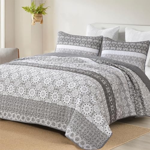 Floral Stripe Quilt Set - Grey