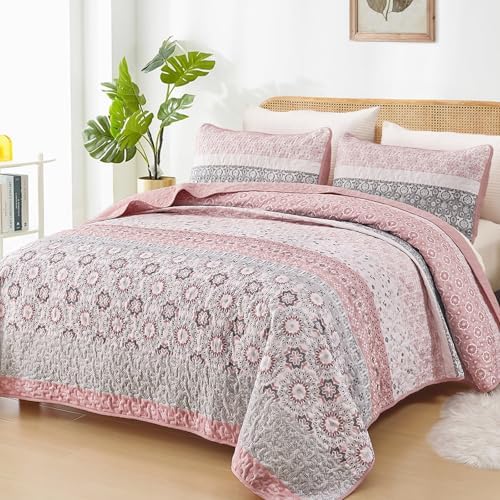 Floral Stripe Quilt Set - Pink