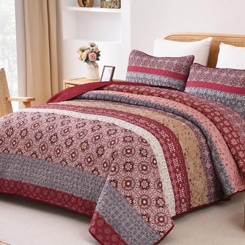 Floral Stripe Quilt Set - Red
