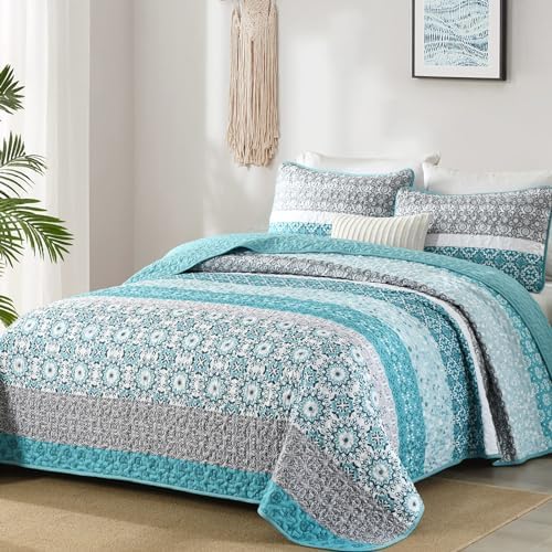 Floral Stripe Quilt Set - Teal