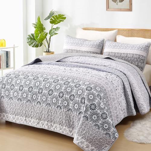 Floral Stripe Quilt Set - White-Purple