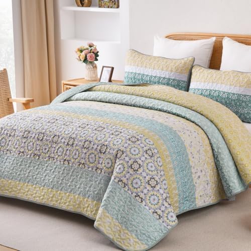 Floral Stripe Quilt Set - Yellow-Green