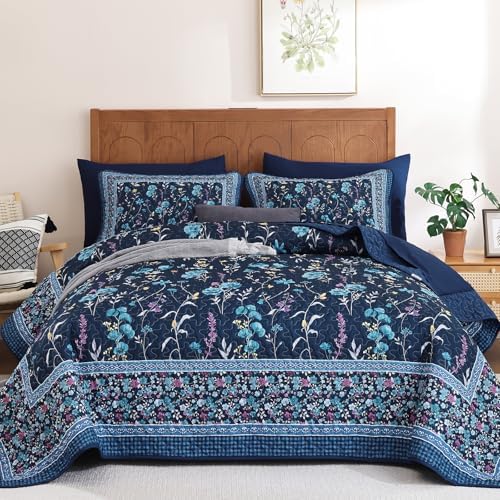 Flower Coverlet Quilt - Navy Blue