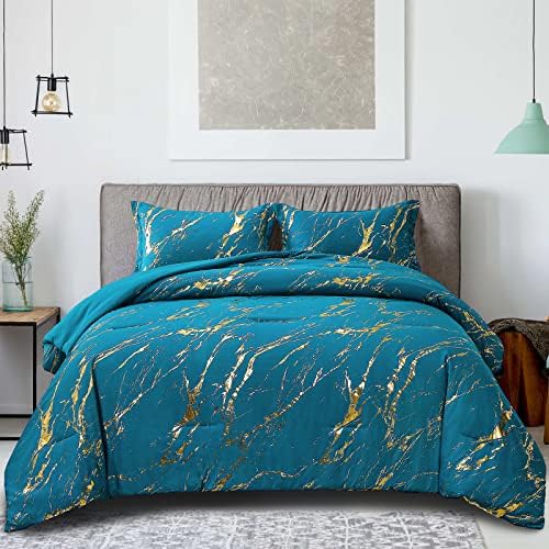 Gold Foil Marble Comforter Set - Teal