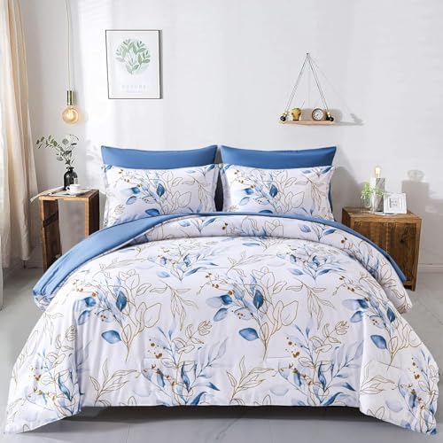 Golden Leaves Comforter Set - White-Blue