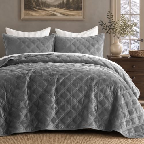 Lattice Diamond Velvet Quilt - Dark Grey