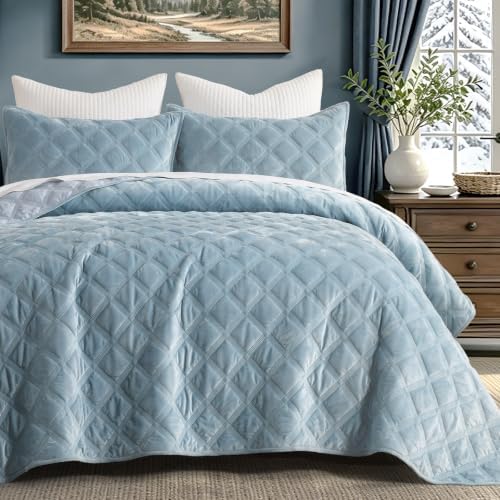 Lattice Diamond Velvet Quilt - Dusty Blue