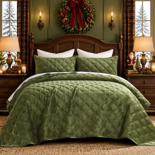 Lattice Diamond Velvet Quilt - Olive Green