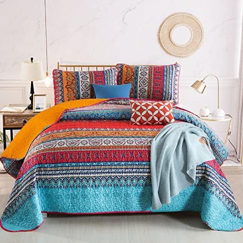 Modern Boho Stripe Quilt - Blue Orange