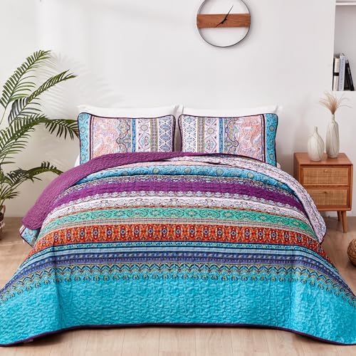 Modern Boho Stripe Quilt - Blue Purple
