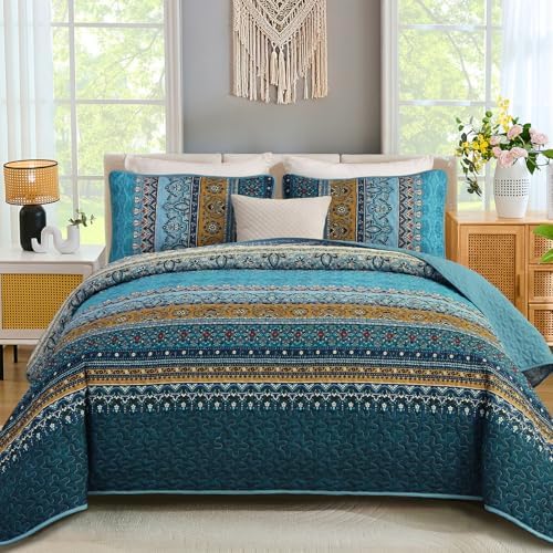 Modern Boho Stripe Quilt - Blue Yellow