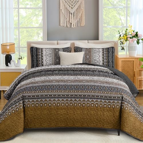 Modern Boho Stripe Quilt - Dark Brown