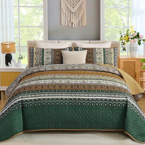 Modern Boho Stripe Quilt - Green Brown