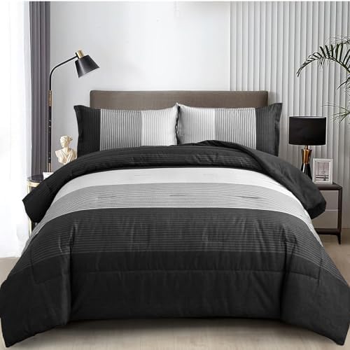 Patchwork Stripe Comforter Set - Black