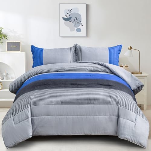 Patchwork Stripe Comforter Set - Blue
