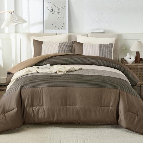 Patchwork Stripe Comforter Set - Coffee Brown