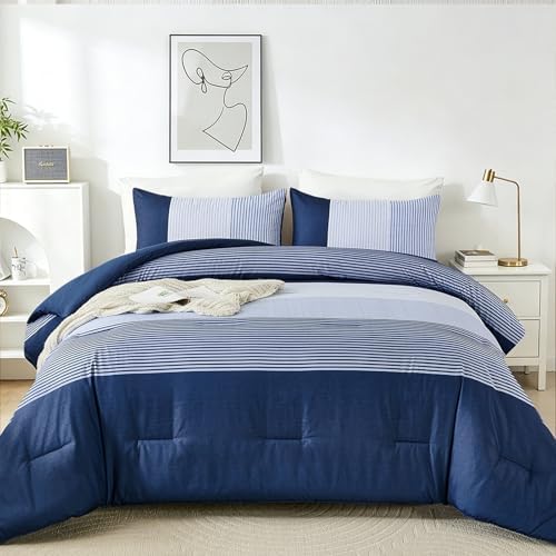 Patchwork Stripe Comforter Set - Dark Blue