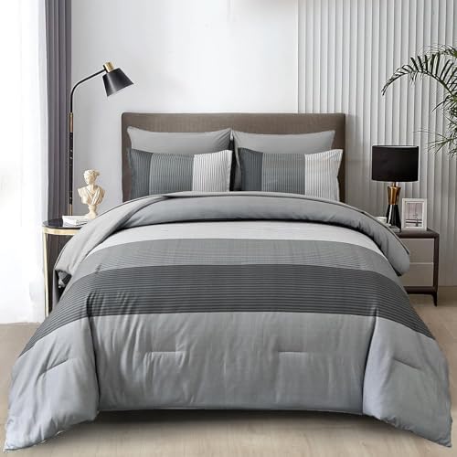Patchwork Stripe Comforter Set - Grey