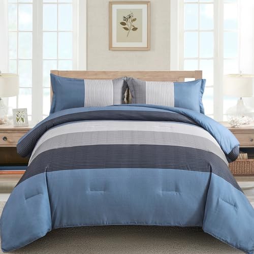 Patchwork Stripe Comforter Set - Light Blue