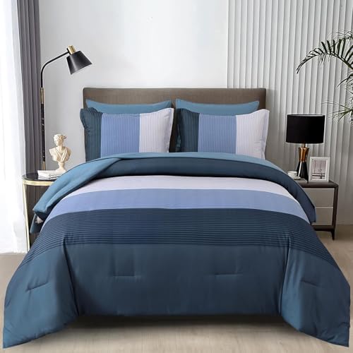 Patchwork Stripe Comforter Set - Navy Blue