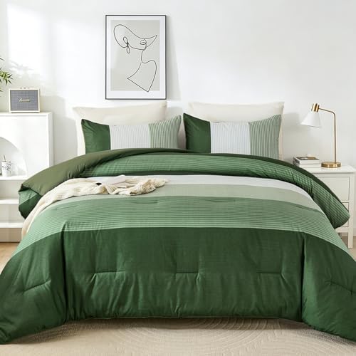 Patchwork Stripe Comforter Set - Olive Green