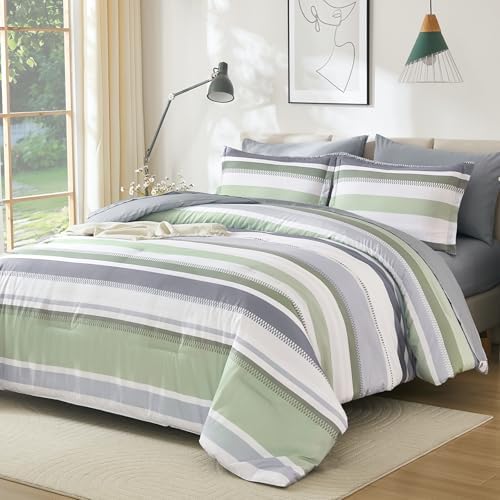 Reversible Stripe Bed in a Bag - Sage Green and Grey