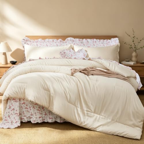 Ruffle Comforter with Floral Sheets - Beige 8-Piece