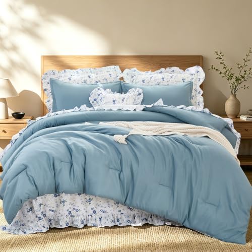Ruffle Comforter with Floral Sheets - Blue