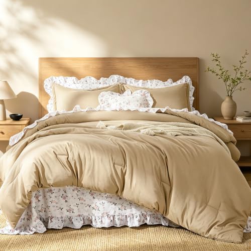 Ruffle Comforter with Floral Sheets - Brown