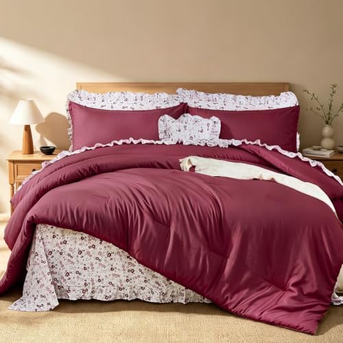 Ruffle Comforter with Floral Sheets - Burgundy 8-Piece
