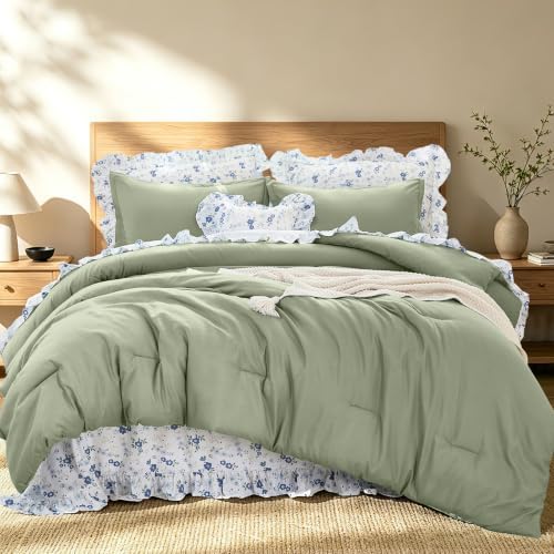 Ruffle Comforter with Floral Sheets - Green