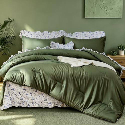 Ruffle Comforter with Floral Sheets - Olive Green 8-Piece