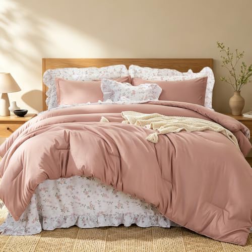 Ruffle Comforter with Floral Sheets - Pink