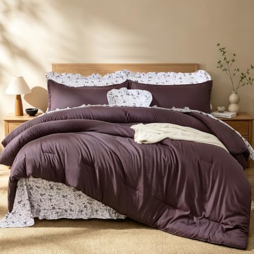 Ruffle Comforter with Floral Sheets - Purple 8-Piece