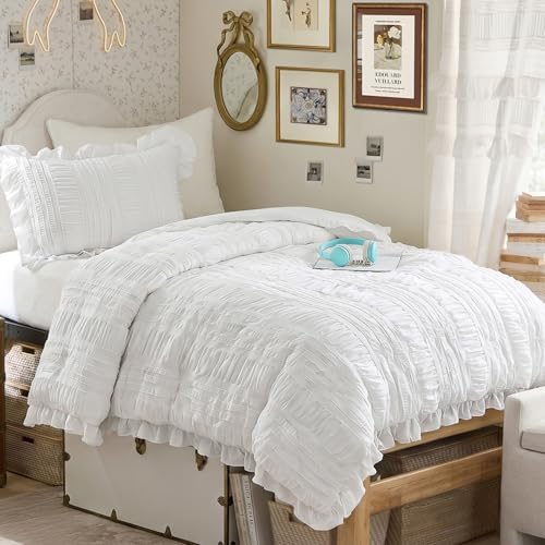 Ruffle Comforter with Floral Sheets - White 3-Piece