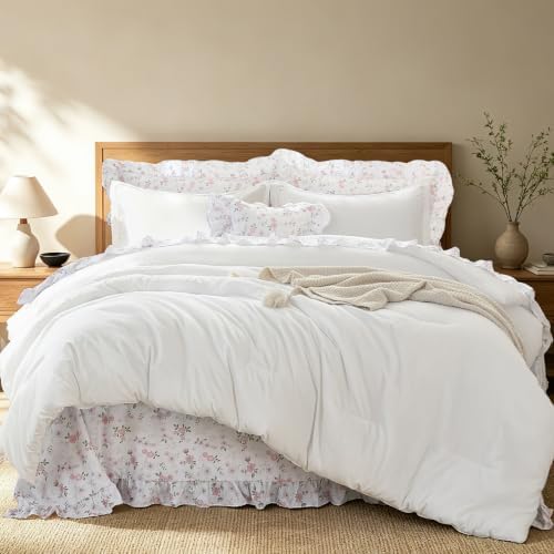 Ruffle Comforter with Floral Sheets - White